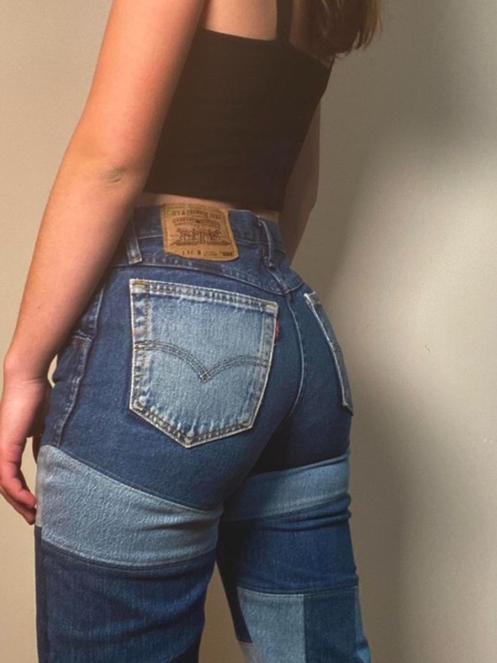 Handmade recycled patchwork denim Levi’s flared leg jeans size 27